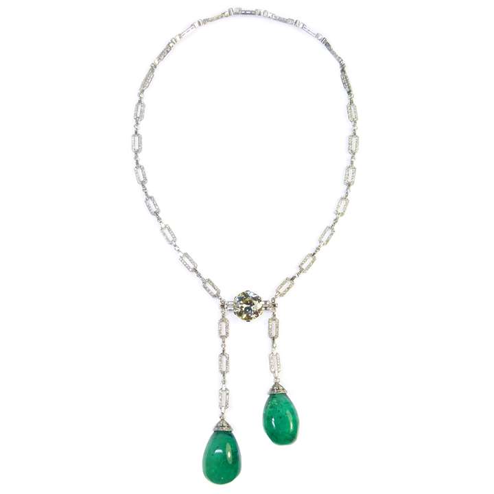 Double emerald drop and diamond sautoir necklace